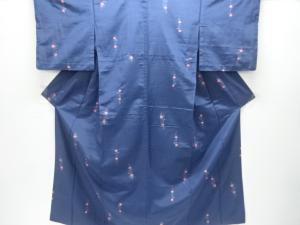 アンティーク　花模様織り出し手織り紬単衣着物